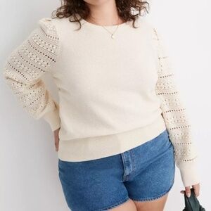 Madewell Bobble Pointelle Sleeve Cream Cotton & Wool Cropped Sweater Size Small